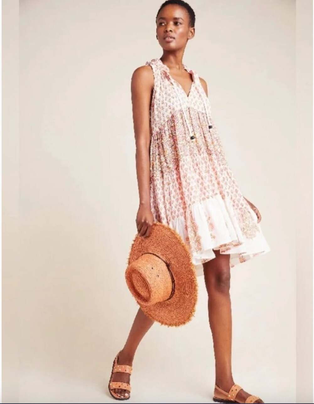 Ro's Garden Sofie Dress Womens XS White Floral Tiered Midi Boho Swing Sundress